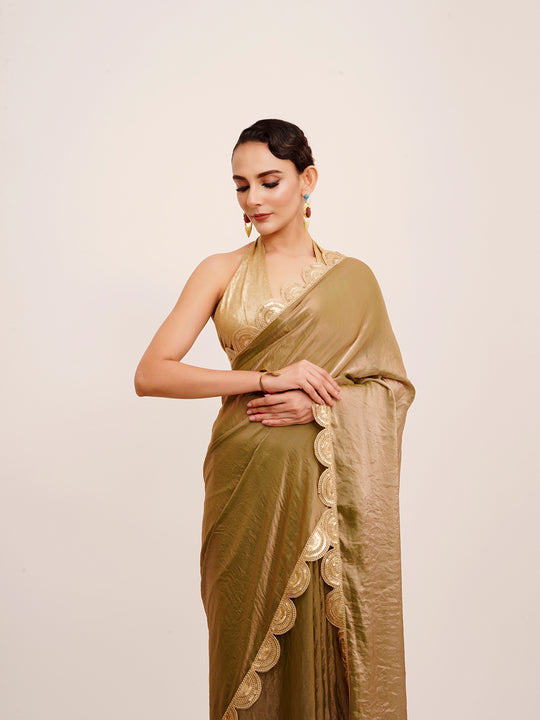 Gold Sequinned Designer Lace Tissue Saree