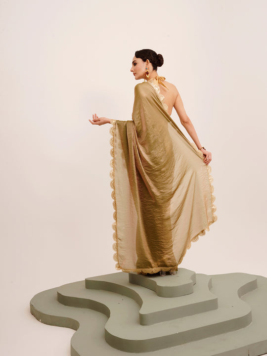 Gold Sequinned Designer Lace Tissue Saree