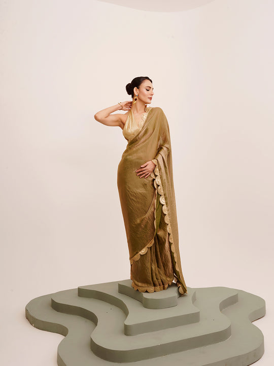 Gold Sequinned Designer Lace Tissue Saree
