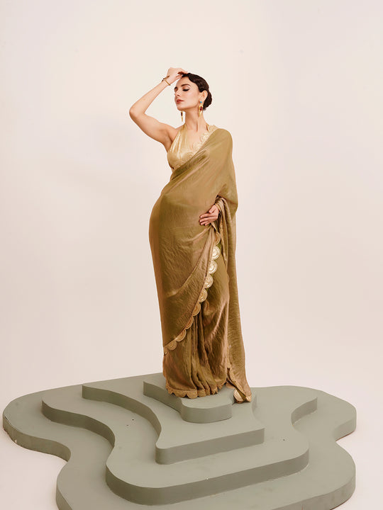 Gold Sequinned Designer Lace Tissue Saree