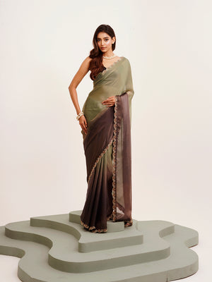 Green Embellished Beads And Stones Satin Saree