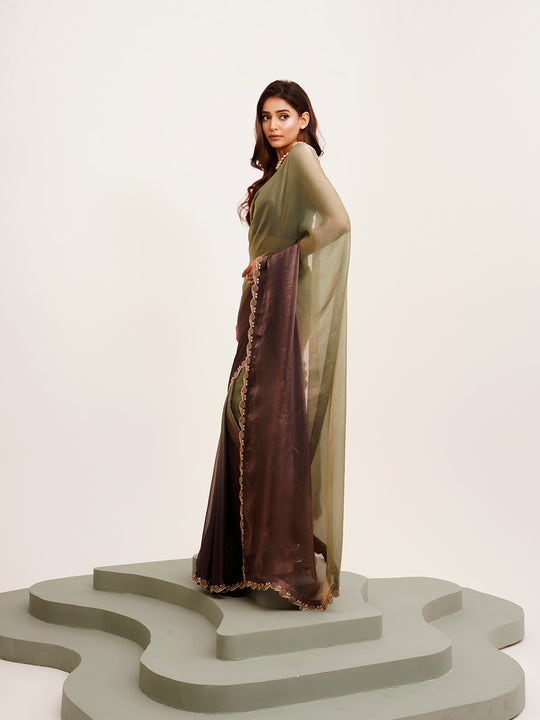 Green Embellished Beads And Stones Satin Saree