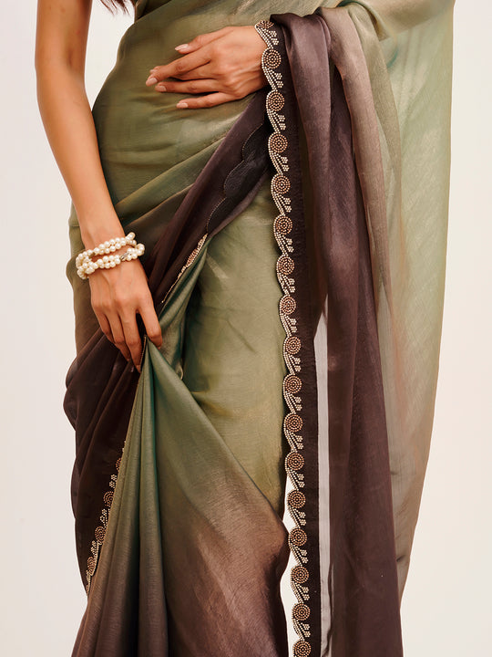 Green Embellished Beads And Stones Satin Saree