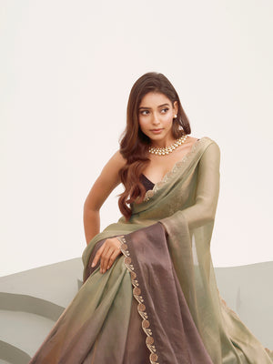 Green Embellished Beads And Stones Satin Saree