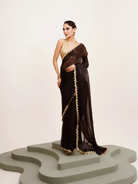 Black Sequinned Designer Lace Organza Saree
