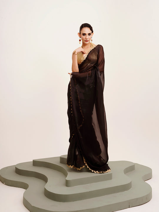 Black Sequinned Designer Lace Organza Saree