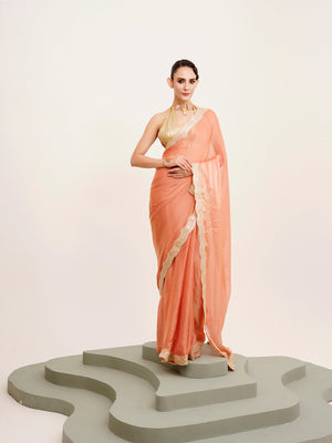 Peach Embellished Sequinned Satin Saree