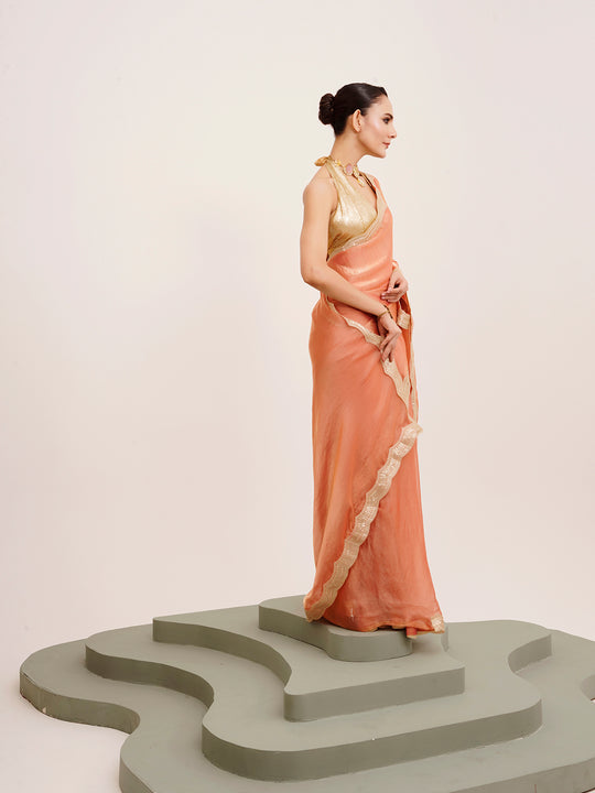 Peach Embellished Sequinned Satin Saree
