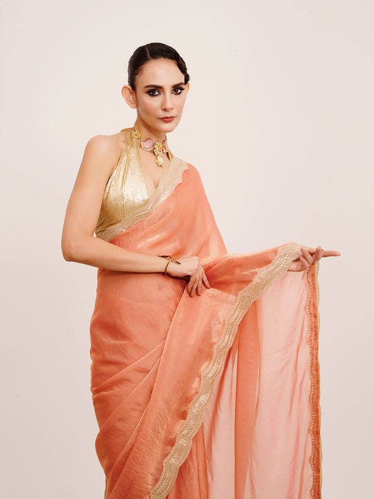Peach Embellished Sequinned Satin Saree