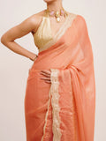 Peach Embellished Sequinned Satin Saree