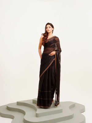 Black Embellished Beads And Stones Organza Saree