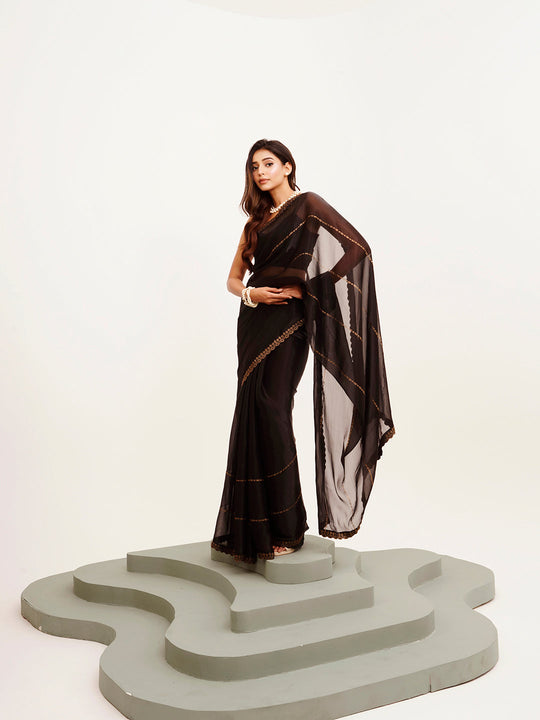 Black Embellished Beads And Stones Organza Saree