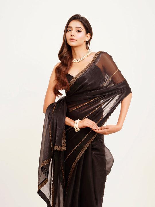 Black Embellished Beads And Stones Organza Saree