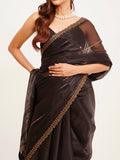 Black Embellished Beads And Stones Organza Saree