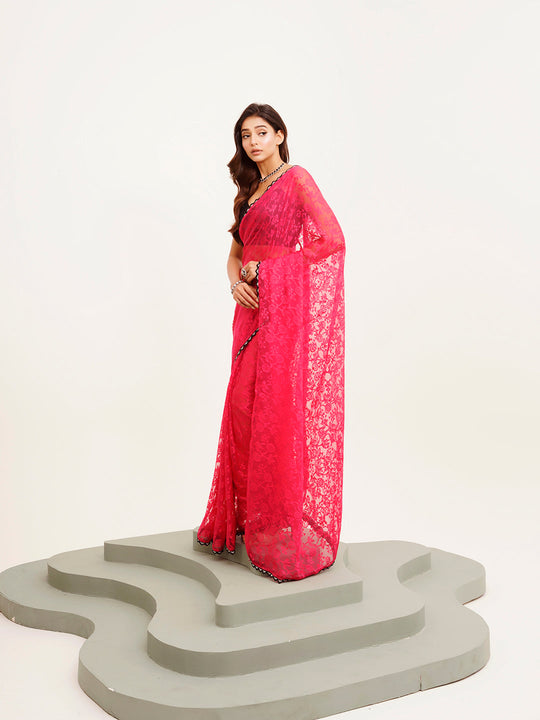 Pink Embellished Sequinned Designer Lace Brasso Saree