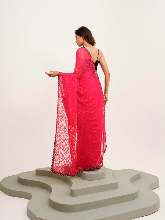 Pink Embellished Sequinned Designer Lace Brasso Saree