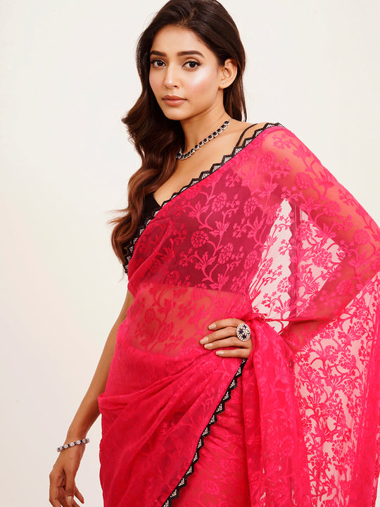 Pink Embellished Sequinned Designer Lace Brasso Saree