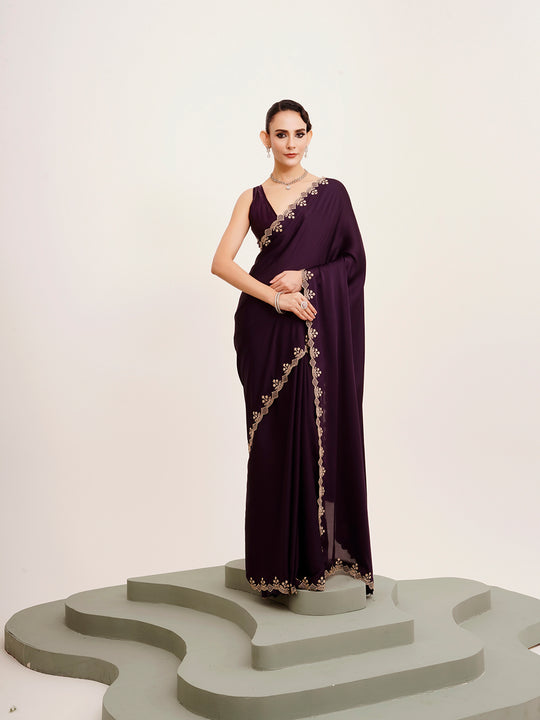 Wine Embellished Beads And Stones Partywear Satin Saree