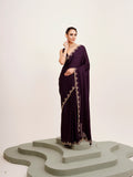 Wine Embellished Beads And Stones Partywear Satin Saree