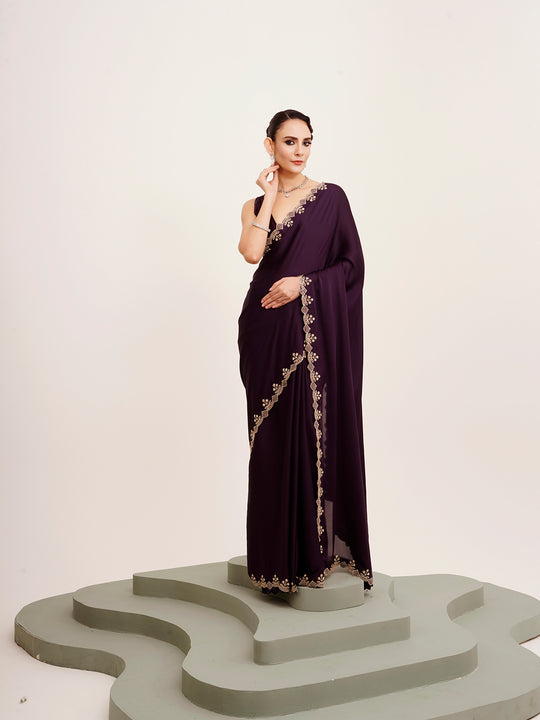 Wine Embellished Beads And Stones Partywear Satin Saree