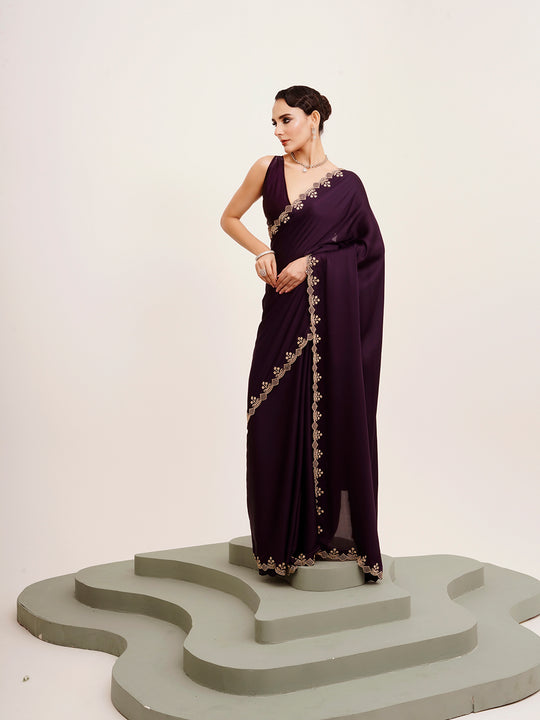 Wine Embellished Beads And Stones Partywear Satin Saree