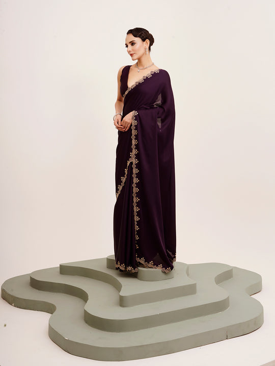 Wine Embellished Beads And Stones Partywear Satin Saree