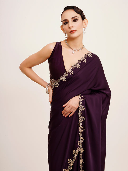 Wine Embellished Beads And Stones Partywear Satin Saree