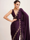 Wine Embellished Beads And Stones Partywear Satin Saree