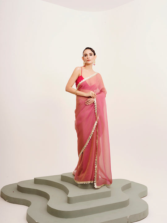 Pink Sequinned Lace Tissue Saree