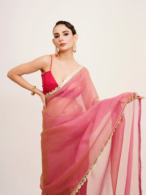 Pink Sequinned Lace Tissue Saree