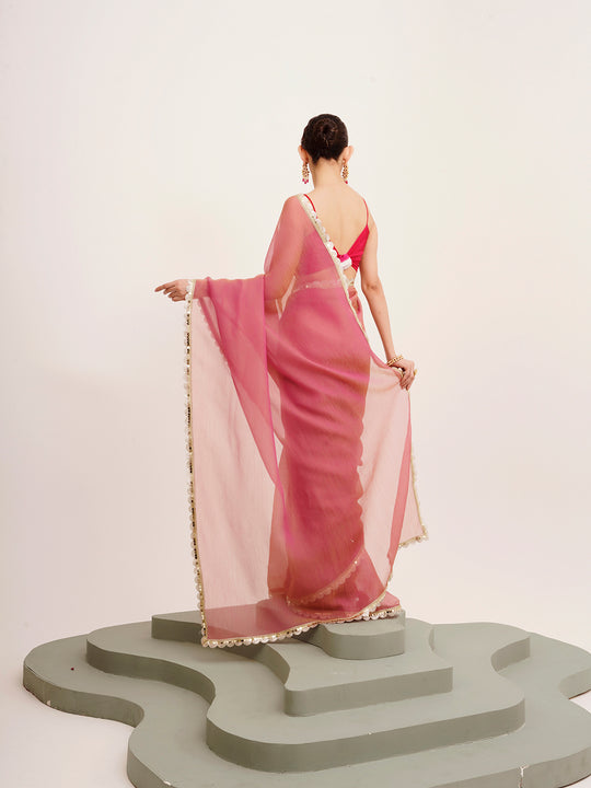 Pink Sequinned Lace Tissue Saree