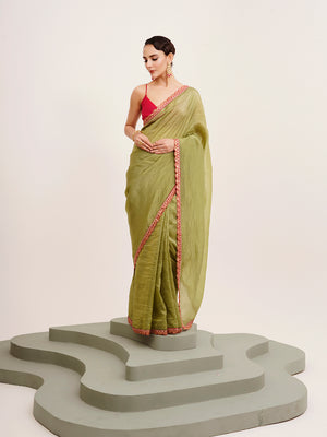 Green Sequinned Designer Lace Tissue Saree