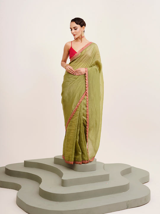Green Sequinned Designer Lace Tissue Saree