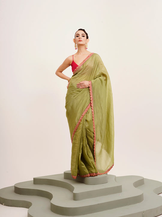 Green Sequinned Designer Lace Tissue Saree
