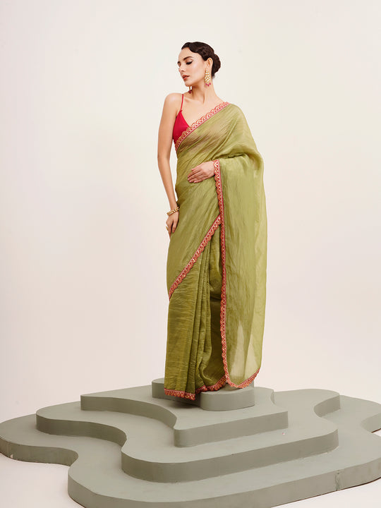 Green Sequinned Designer Lace Tissue Saree