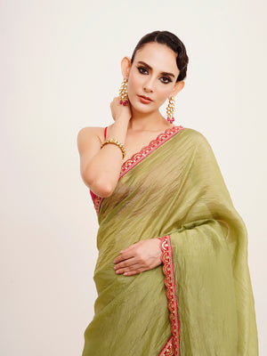 Green Sequinned Designer Lace Tissue Saree