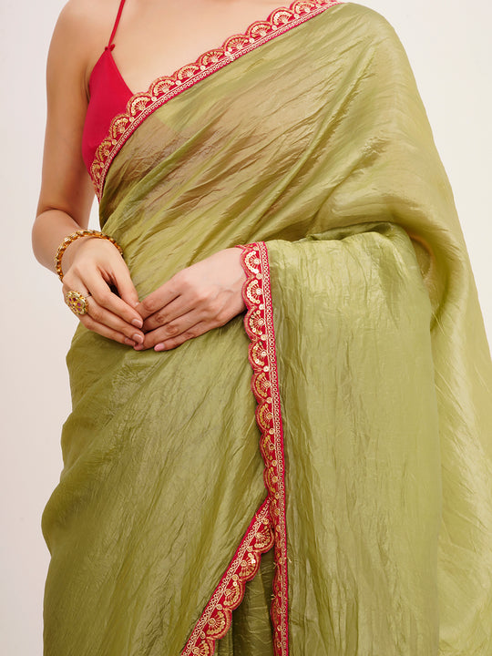 Green Sequinned Designer Lace Tissue Saree