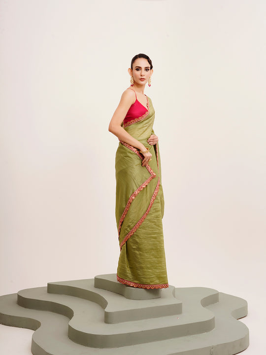 Green Sequinned Designer Lace Tissue Saree