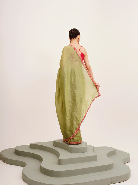 Green Sequinned Designer Lace Tissue Saree