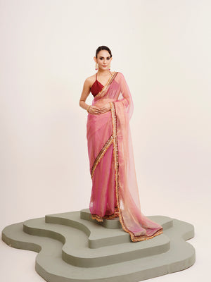 Pink  Sequinned Designer Lace Tissue Saree