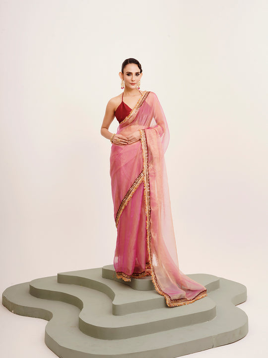 Pink  Sequinned Designer Lace Tissue Saree