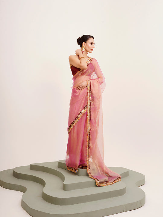 Pink  Sequinned Designer Lace Tissue Saree