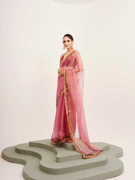 Pink  Sequinned Designer Lace Tissue Saree