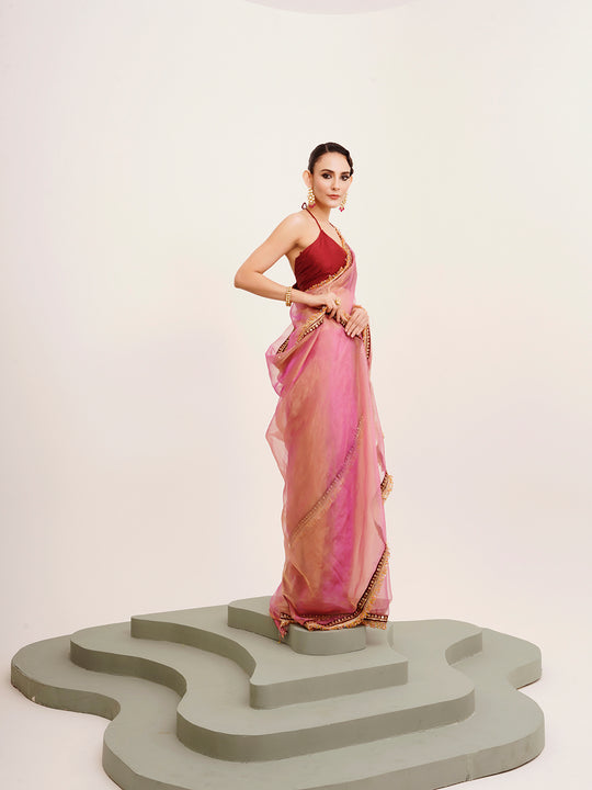 Pink  Sequinned Designer Lace Tissue Saree