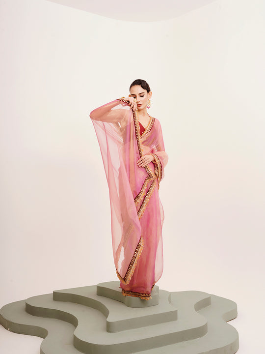 Pink  Sequinned Designer Lace Tissue Saree
