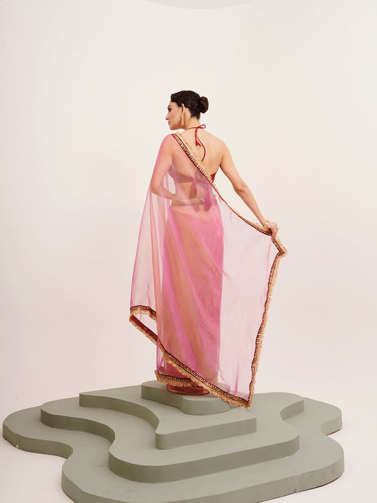 Pink  Sequinned Designer Lace Tissue Saree