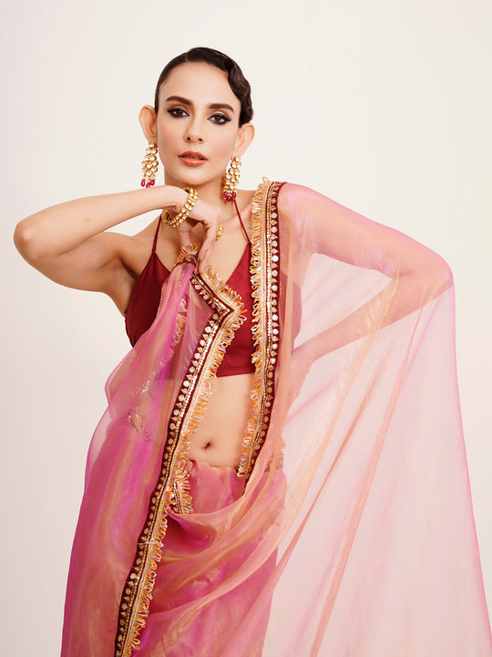 Pink  Sequinned Designer Lace Tissue Saree