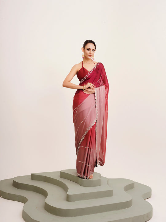 Pink Embellished Beads And Stones Chiffon Saree