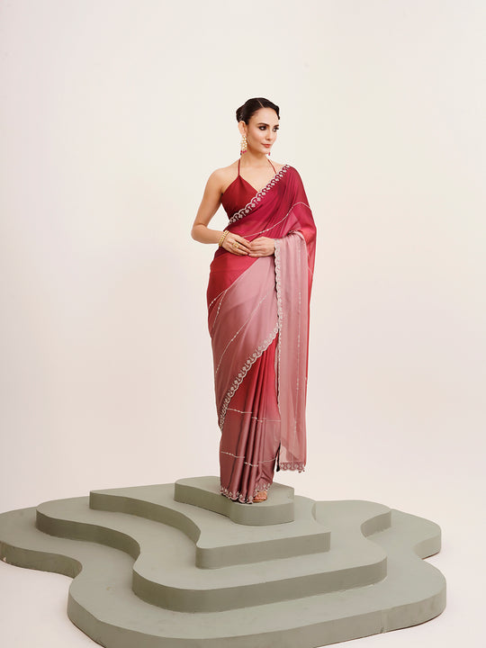 Pink Embellished Beads And Stones Chiffon Saree