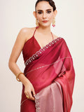 Pink Embellished Beads And Stones Chiffon Saree